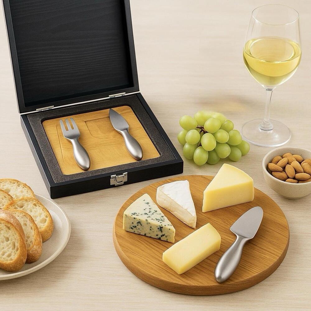 Leed’s 2000s Steel Cheese & Wine Tool Set Black Wood Box, 9.5x9.5x2.25”